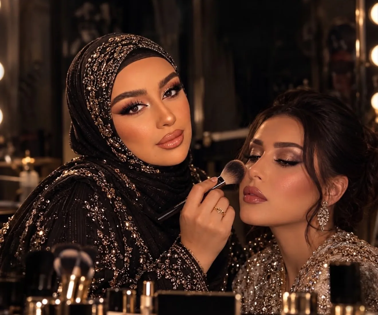 خبيرة المكياج في براءة بيوتي سنتر تضع المكياج لعروس